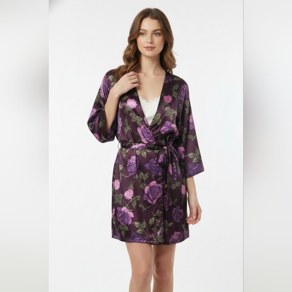 Morgan Taylor Robe Purple Floral Satin Boho Lounge Cottage S